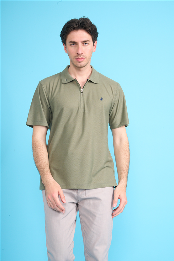 Çetinkaya Chester Polo 4727 Fermuarlı Polo Yaka Regular Jakarlı T-shirt Kirli Yeşil