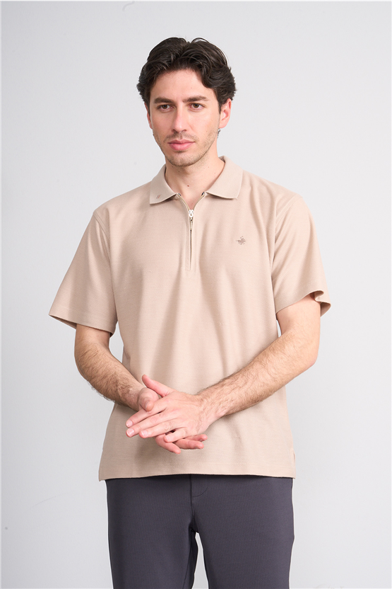 Çetinkaya Chester Polo 4727 Fermuarlı Polo Yaka Regular Jakarlı T-shirt Bej