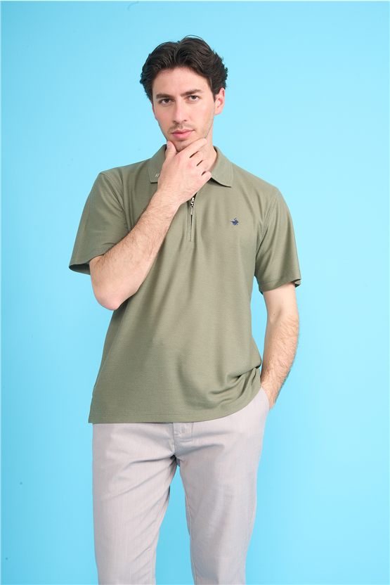 Çetinkaya Chester Polo 4727 Fermuarlı Polo Yaka Regular Jakarlı T-shirt Kirli Yeşil