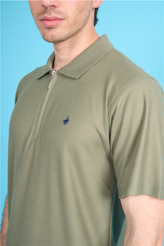 Çetinkaya Chester Polo 4727 Fermuarlı Polo Yaka Regular Jakarlı T-shirt Kirli Yeşil