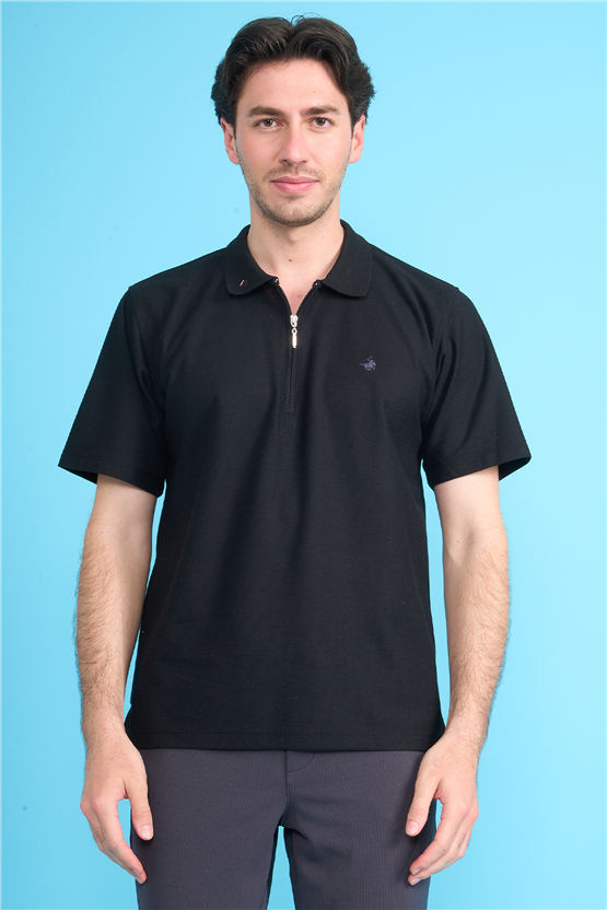 Çetinkaya Chester Polo 4727 Fermuarlı Polo Yaka Regular Jakarlı T-shirt Siyah