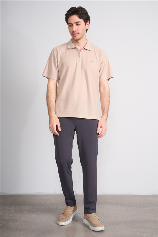 Çetinkaya Chester Polo 4727 Fermuarlı Polo Yaka Regular Jakarlı T-shirt Bej