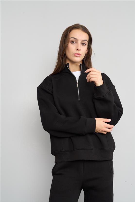 Çetinkaya Chester Polo 8055 Bayan Dik Yaka 3 İplik Şardonlu Sweatshirt Siyah