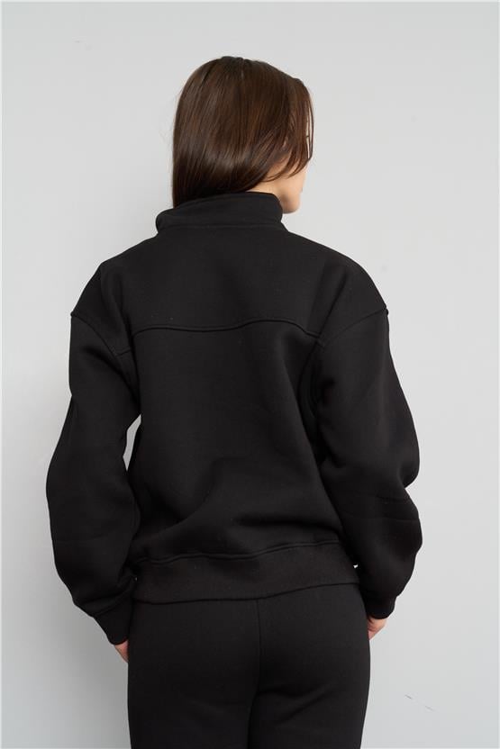 Çetinkaya Chester Polo 8055 Bayan Dik Yaka 3 İplik Şardonlu Sweatshirt Siyah