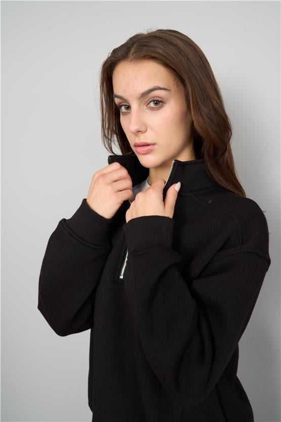 Çetinkaya Chester Polo 8055 Bayan Dik Yaka 3 İplik Şardonlu Sweatshirt Siyah