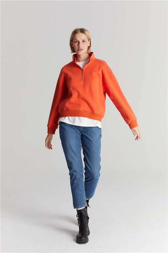 Çetinkaya Chester Polo 8055 Bayan Dik Yaka 3 İplik Şardonlu Sweatshirt Oranj