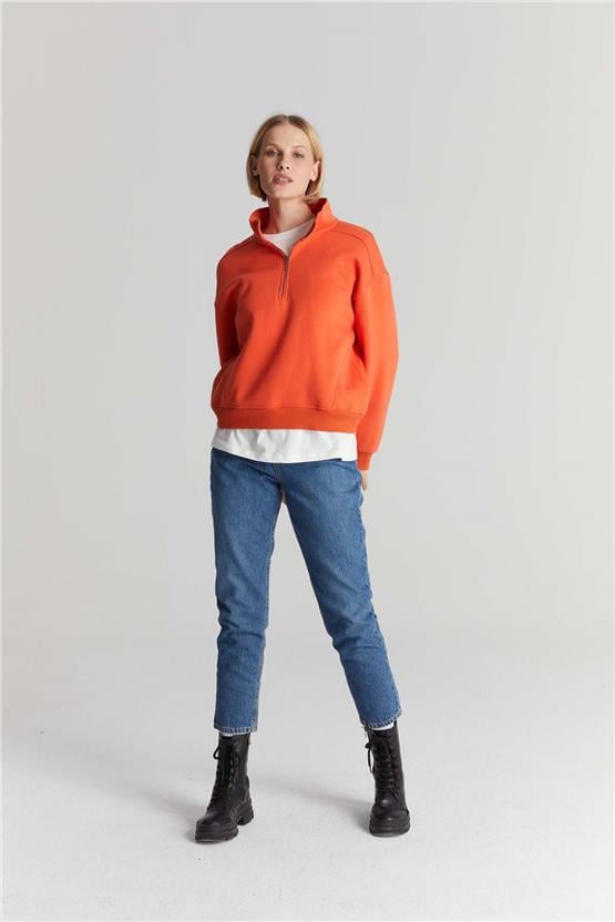 Çetinkaya Chester Polo 8055 Bayan Dik Yaka 3 İplik Şardonlu Sweatshirt Oranj
