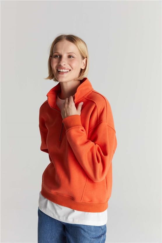 Çetinkaya Chester Polo 8055 Bayan Dik Yaka 3 İplik Şardonlu Sweatshirt Oranj