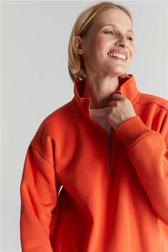 Çetinkaya Chester Polo 8055 Bayan Dik Yaka 3 İplik Şardonlu Sweatshirt Oranj