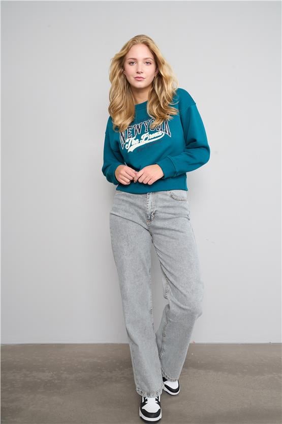 Çetinkaya Chester Polo 8070 Kadın Bisiklet Yaka 3 İplik Şardonlu Baskılı Sweatshirt Yeşil