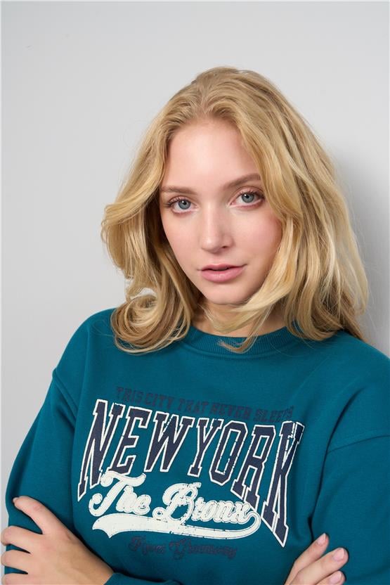 Çetinkaya Chester Polo 8070 Kadın Bisiklet Yaka 3 İplik Şardonlu Baskılı Sweatshirt Yeşil