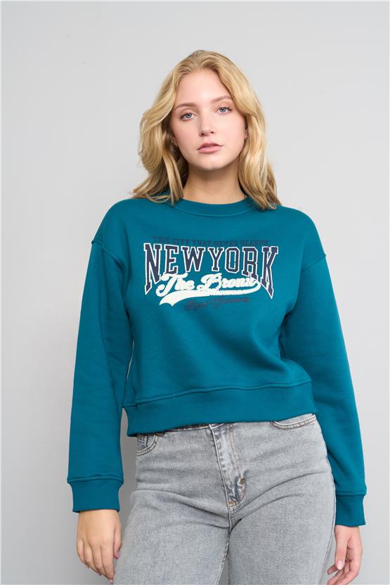 Çetinkaya Chester Polo 8070 Kadın Bisiklet Yaka 3 İplik Şardonlu Baskılı Sweatshirt Yeşil