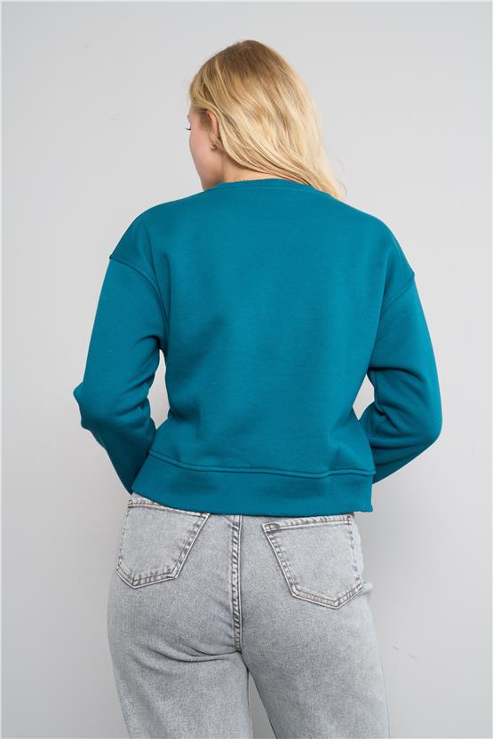 Çetinkaya Chester Polo 8070 Kadın Bisiklet Yaka 3 İplik Şardonlu Baskılı Sweatshirt Yeşil