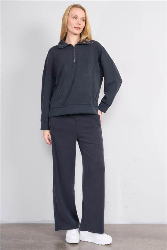 Çetinkaya Chester Polo 8425 Kadın Dik Yaka Yarım Fermuarlı Modal Sweatshirt Antrasit