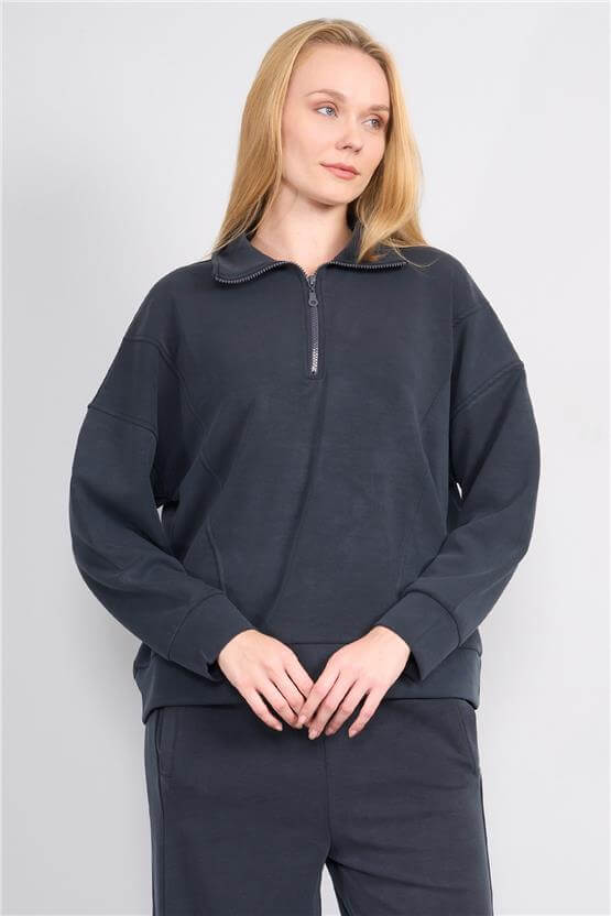 Çetinkaya Chester Polo 8425 Kadın Dik Yaka Yarım Fermuarlı Modal Sweatshirt Antrasit