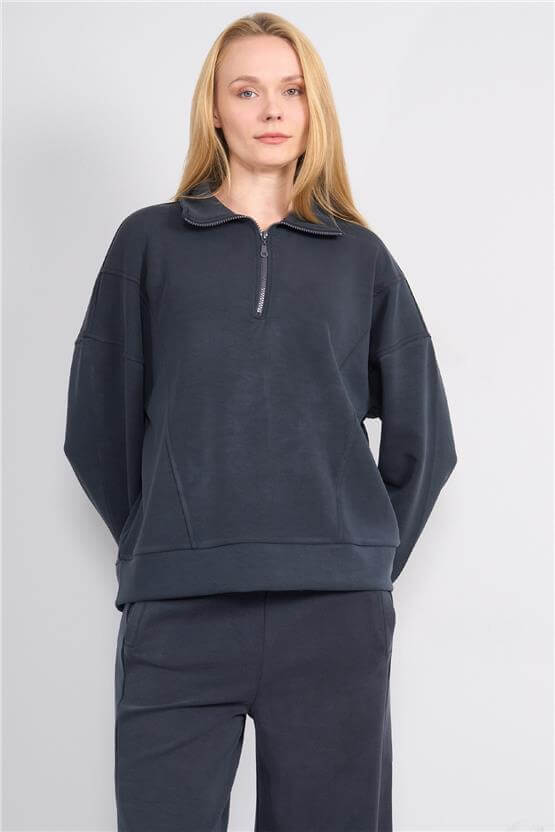 Çetinkaya Chester Polo 8425 Kadın Dik Yaka Yarım Fermuarlı Modal Sweatshirt Antrasit