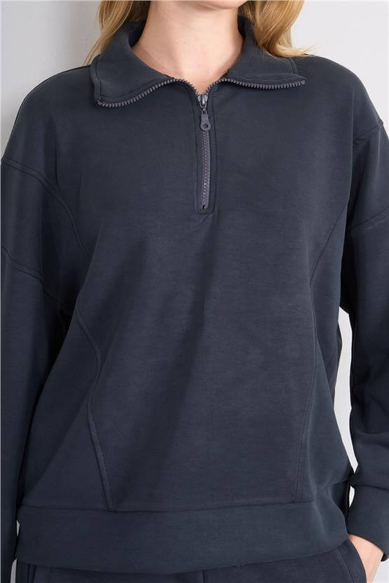 Çetinkaya Chester Polo 8425 Kadın Dik Yaka Yarım Fermuarlı Modal Sweatshirt Antrasit