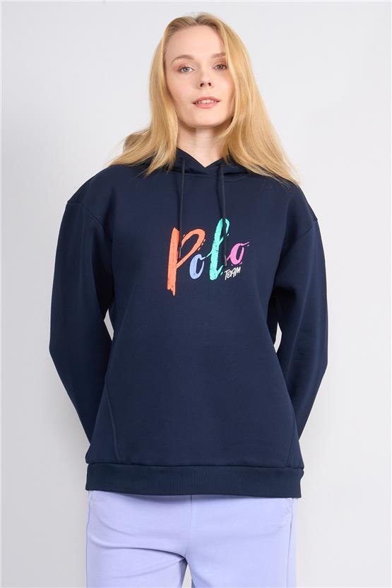 Çetinkaya Chester Polo 8610 Kadın Kapüşonlu Baskılı 3 İplik Sweatshirt Lacivert