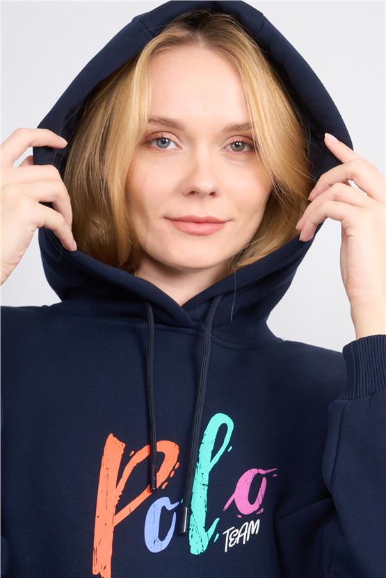 Çetinkaya Chester Polo 8610 Kadın Kapüşonlu Baskılı 3 İplik Sweatshirt Lacivert