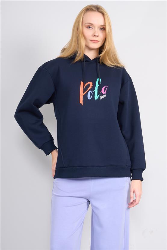 Çetinkaya Chester Polo 8610 Kadın Kapüşonlu Baskılı 3 İplik Sweatshirt Lacivert
