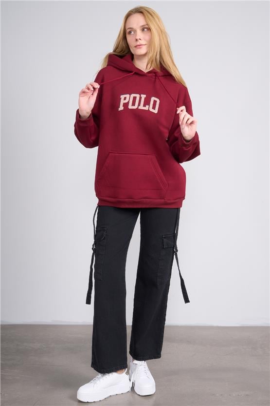Çetinkaya Chester Polo 8611 Kadın Kapüşonlu 3 İplik Oversize Baskılı Sweatshirt Bordo