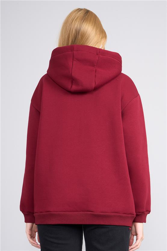 Çetinkaya Chester Polo 8611 Kadın Kapüşonlu 3 İplik Oversize Baskılı Sweatshirt Bordo