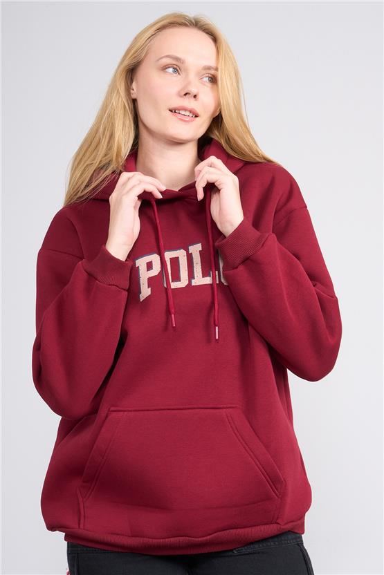 Çetinkaya Chester Polo 8611 Kadın Kapüşonlu 3 İplik Oversize Baskılı Sweatshirt Bordo