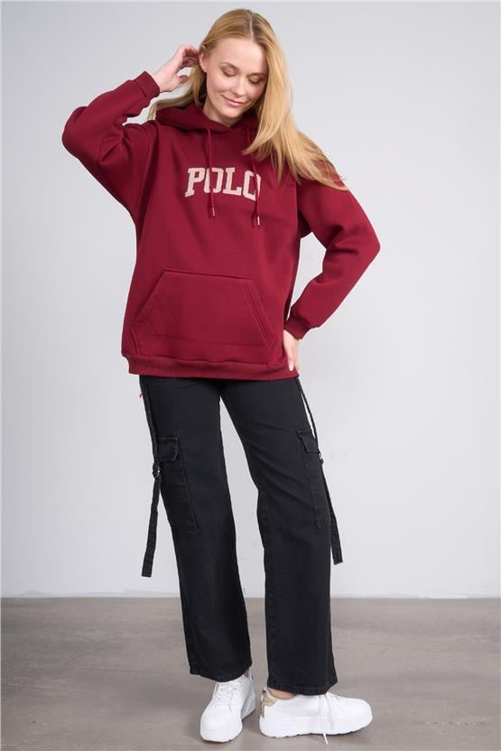 Çetinkaya Chester Polo 8611 Kadın Kapüşonlu 3 İplik Oversize Baskılı Sweatshirt Bordo