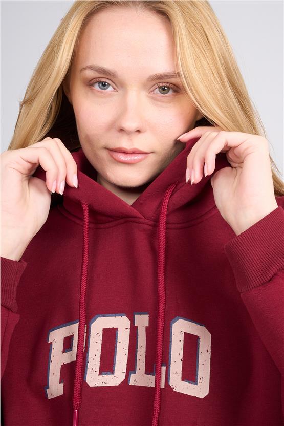 Çetinkaya Chester Polo 8611 Kadın Kapüşonlu 3 İplik Oversize Baskılı Sweatshirt Bordo