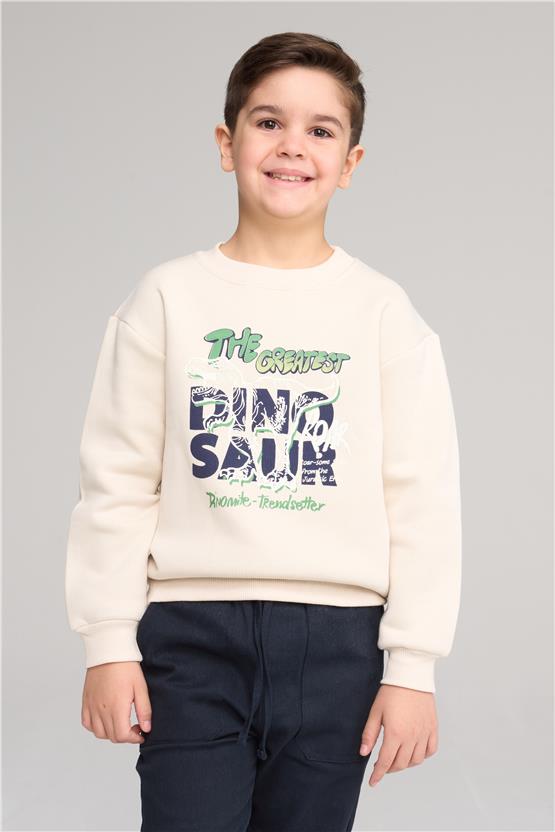 Çetinkaya Fit Club 42447 Erkek Çocuk 3 İplik Bisiklet Yaka Baskılı Sweatshirt 4-12 Yaş Taş