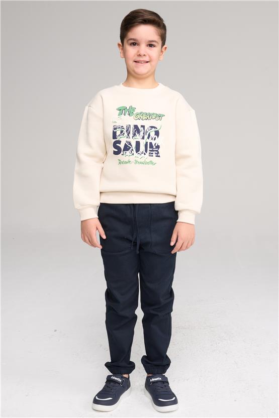 Çetinkaya Fit Club 42447 Erkek Çocuk 3 İplik Bisiklet Yaka Baskılı Sweatshirt 4-12 Yaş Taş