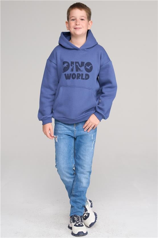 Çetinkaya Fit Club 42450EG Çocuk 3 İplik Kanguru Cep Baskılı Sweatshirt 4-12 Yaş İndigo