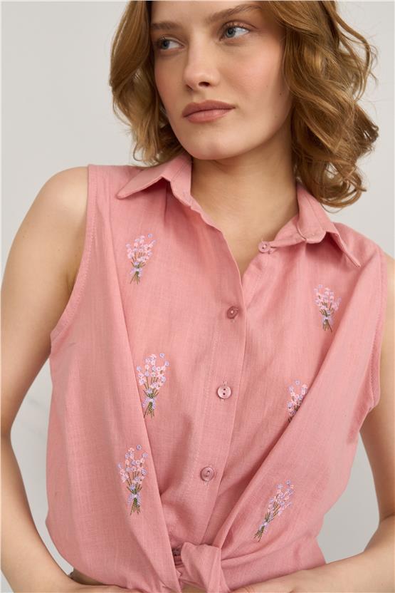 Çetinkaya Fithit 1426 Kadın Flamlı Keten Sıfır Kol Gömlek Pudra