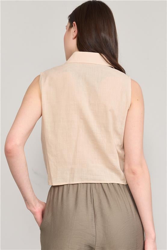 Çetinkaya Fithit 1426 Kadın Flamlı Keten Sıfır Kol Gömlek Vizon