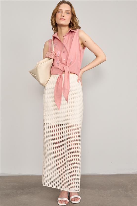 Çetinkaya Fithit 1426 Kadın Flamlı Keten Sıfır Kol Gömlek Pudra