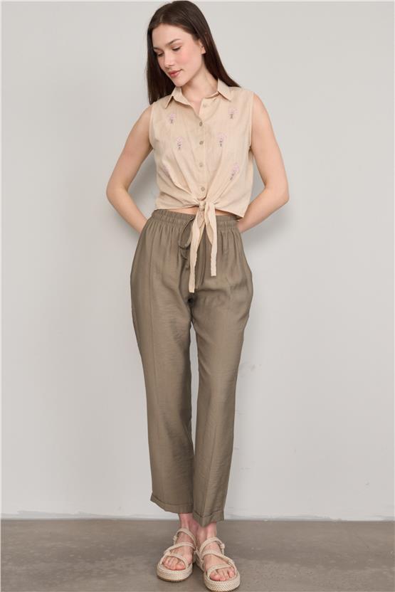 Çetinkaya Fithit 1426 Kadın Flamlı Keten Sıfır Kol Gömlek Vizon