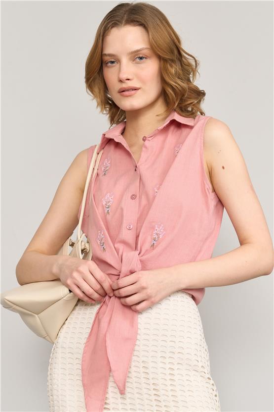 Çetinkaya Fithit 1426 Kadın Flamlı Keten Sıfır Kol Gömlek Pudra