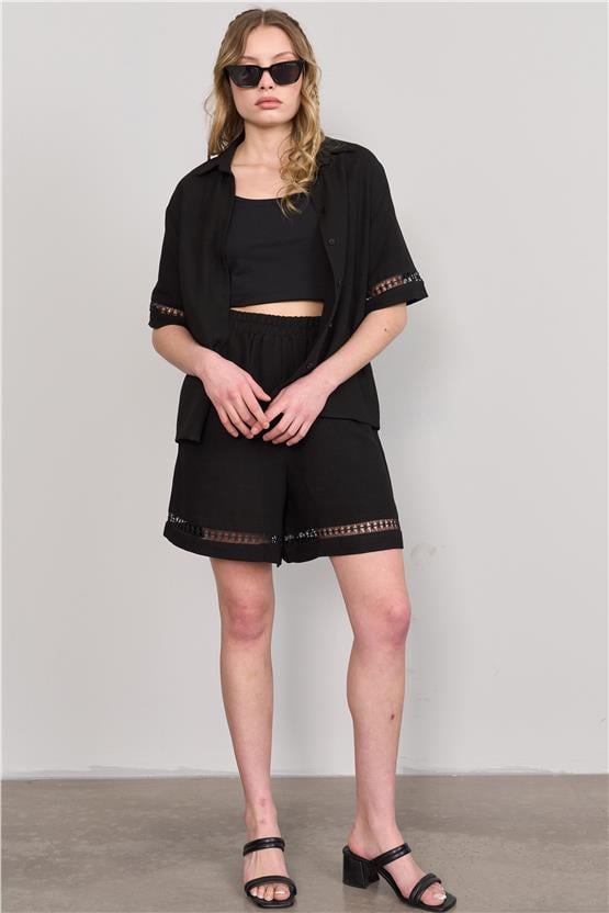 Çetinkaya Fithit 1442 Kadın Gömlek Şort İkili Takım Siyah