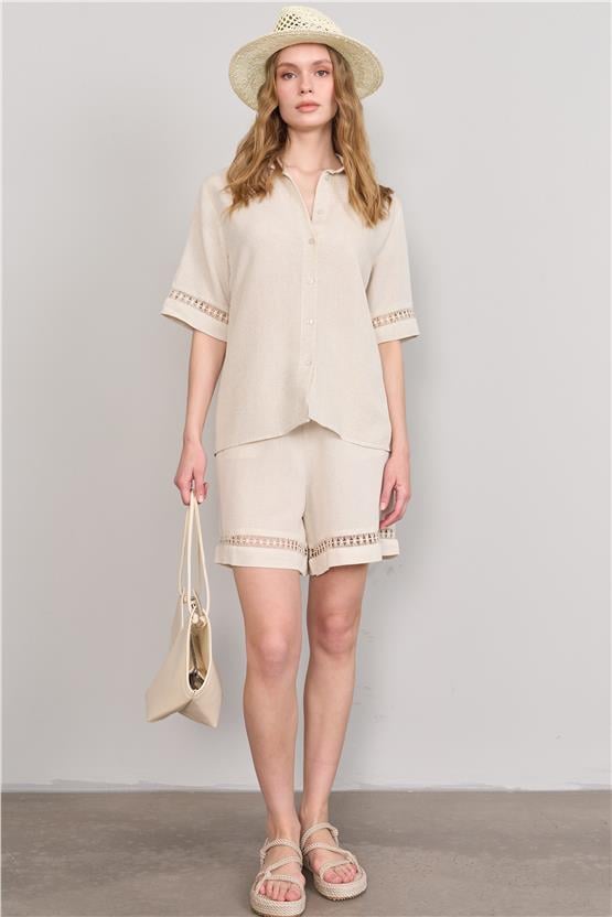 Çetinkaya Fithit 1442 Kadın Gömlek Şort İkili Takım Natural