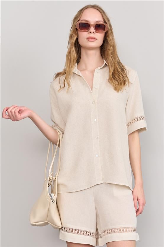 Çetinkaya Fithit 1442 Kadın Gömlek Şort İkili Takım Natural