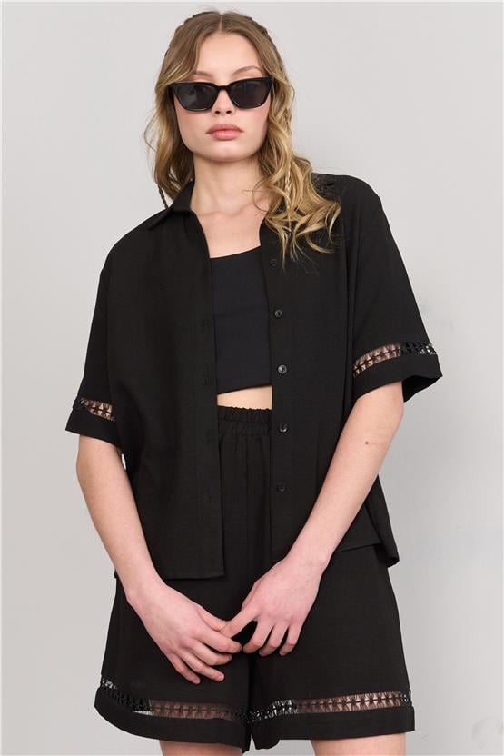 Çetinkaya Fithit 1442 Kadın Gömlek Şort İkili Takım Siyah