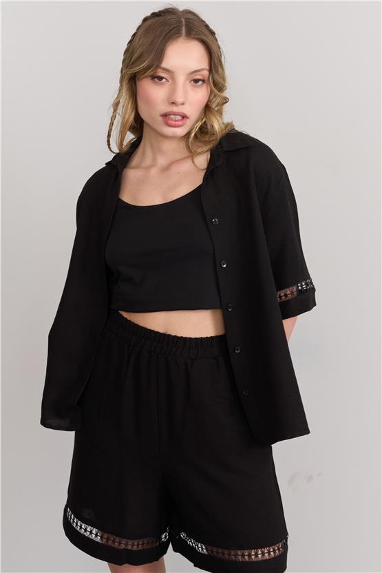 Çetinkaya Fithit 1442 Kadın Gömlek Şort İkili Takım Siyah