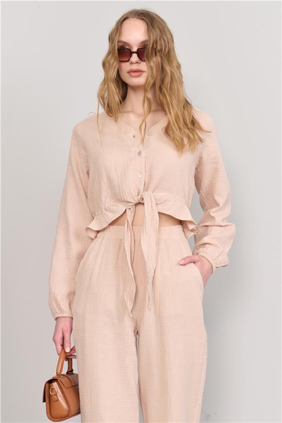 Çetinkaya Fithit 1448 Kadın Gömlek Pantolon İkili Takım Vizon