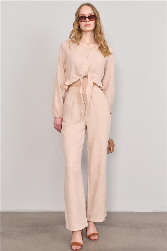 Çetinkaya Fithit 1448 Kadın Gömlek Pantolon İkili Takım Vizon