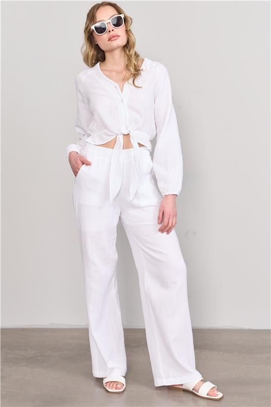 Çetinkaya Fithit 1448 Kadın Gömlek Pantolon İkili Takım Beyaz