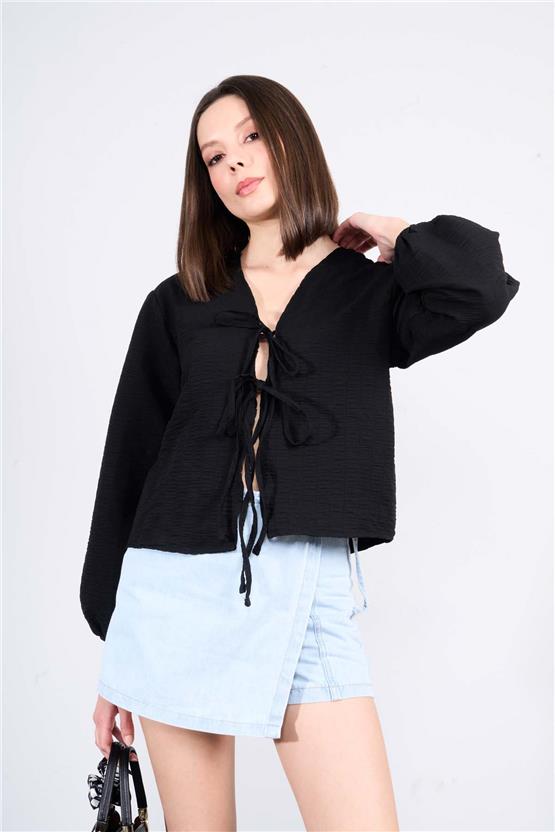 Çetinkaya Fithit 1493 Kadın Uzun Kol V Yaka Gofre Gömlek Siyah