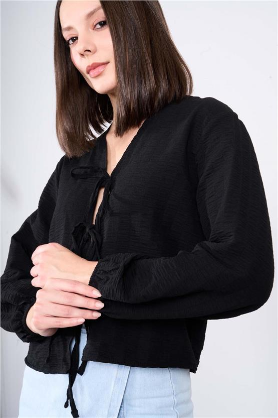 Çetinkaya Fithit 1493 Kadın Uzun Kol V Yaka Gofre Gömlek Siyah