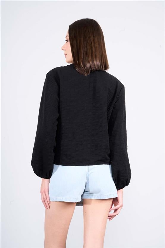 Çetinkaya Fithit 1493 Kadın Uzun Kol V Yaka Gofre Gömlek Siyah