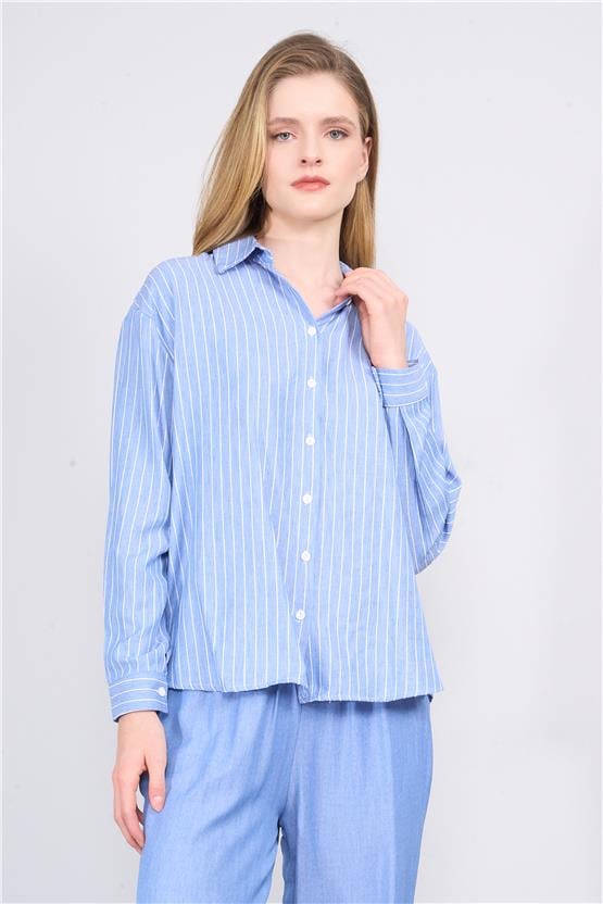 Çetinkaya Fithit 1549 Kadın Tencel Gömlek Pantolon İkili Takım Açık Mavi