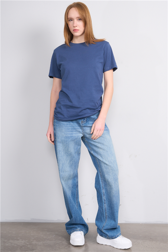 Çetinkaya Fithit 3264 Bayan Bisiklet Yaka 30/1 Penye Regular Basic T-shirt İndigo
